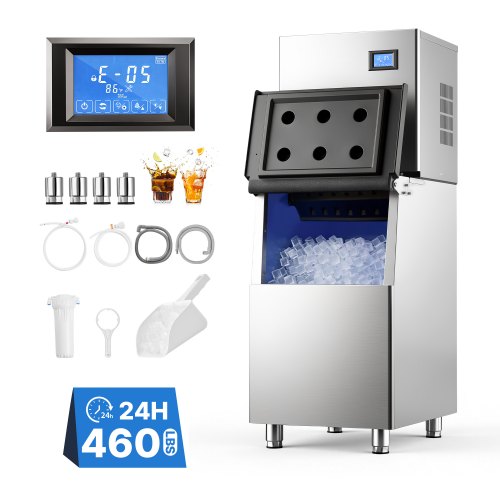 VEVOR Commerciële ijsblokjesmachine, 209 kg ijsproductie per dag, roestvrij staal, ijsblokjesmaker, touchscreen, instelbare ijsdikte, zelfreinigend, trechter met een capaciteit van 113 kg, 156 ijsblokjesbakjes.