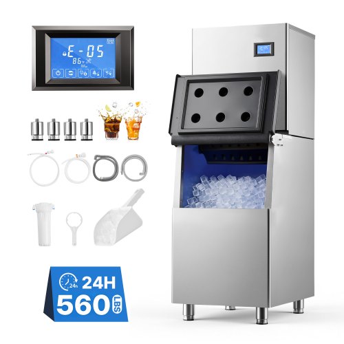 VEVOR Commerciële ijsblokjesmachine, 254 kg ijsproductie per dag, roestvrij staal, ijsblokjesmaker, touchscreen, instelbare ijsdikte, zelfreinigend, trechter met een capaciteit van 113 kg, 182 ijsblokjesbakjes.