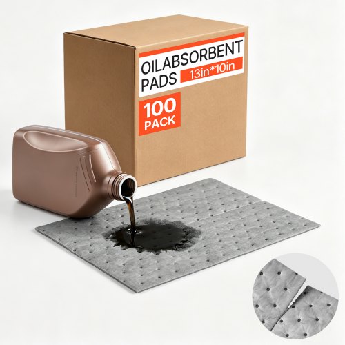 VEVOR 100 Olieabsorberende Pads 330x250mm, Universele Absorberende Matten voor Reiniging in Magazijnen, Werkplaatsen, Garages en Industriële Omgevingen, 3-laags Polypropyleen Structuur, Zeer Absorberend, Inclusief Doos