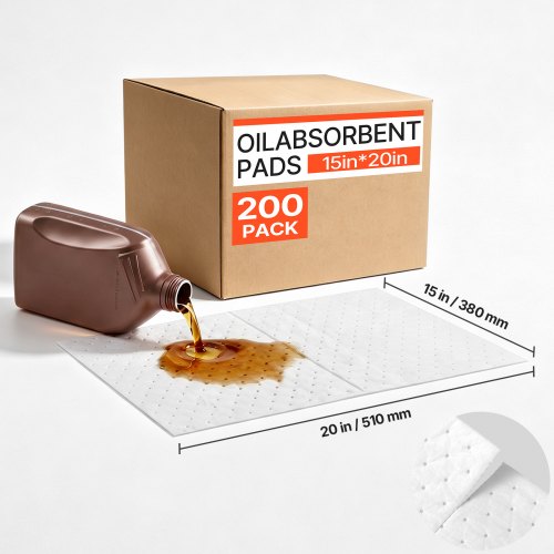 VEVOR 200 Olieabsorberende Pads 380x510mm Oliebindende Matten voor Industriële Olie Wit, Olieopvangmatten voor Magazijnen, Werkplaatsen, Garages, Fabrieken, 3-laags Polypropyleen Structuur, Hydrofoob Oppervlakte, Zeer Absorberend, Inclusief Doos