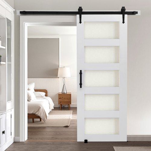 VEVOR schuifdeursysteem in schuurstijl (762 x 2134 mm) gemaakt van zeer sterk MDF-paneel en matglas, schuurdeur met beslagset en waterdicht PVC-opperv