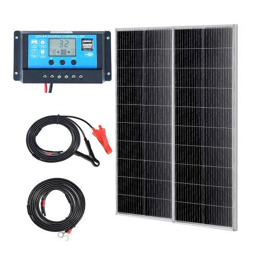 VEVOR 200W zonnepaneel set van 2 12V monokristallijne zonnemodule plus laadregelaar 16,66A zonnestelsel conversiepercentage van 23% Compatibel met AGM, GEL, FLD, LI accu's Ideaal voor campers, jachten, accessoires afbeelding