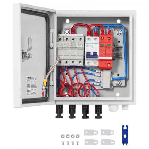 VEVOR PV-verdeelkast, 4-rijig, zonne-energie combinerkast met 15 A zekering, 63 A stroomonderbreker, bliksemafleider en zonne-energieaansluiting, stalen behuizing voor on-grid/off-grid zonnepanelensysteem, IP65 afbeelding