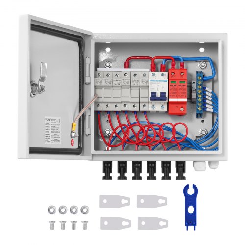 VEVOR PV-verdeelkast, 6-rijig, zonne-energie combinerkast met 10 A nominale stroomzekering, 63 A stroomonderbreker, bliksemafleider en zonne-energieaansluiting, stalen behuizing voor on-grid/off-grid zonnepanelensysteem, IP65 afbeelding