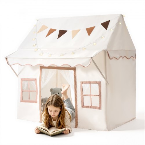 VEVOR Speelhuisje Kindertent 2-in-1 Bedtent 1300x900x1350 mm Beige, Meubels voor Peuters, met Dak, Gewatteerde Mat, Sterrenlampjes, Draagtas, Vlag, Deurtjes & Ventilerende Ramen