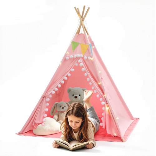 VEVOR Kindertent Speeltent Tipi Tent Kinderbedtent 1200x1200x1400 mm Roze, voor Peuters, Katoenen Canvas, met Gewatteerd Matje, Sterrenlichtjes, Draag