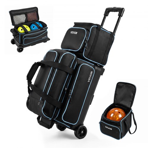 VEVOR 1 bowlingtas met wielen + 1 mini bowlingtas voor 2+1 ballen, gemaakt van 600D Oxford-stof in blauwzwart, voor schoenen tot en met maat 16 (VS), met telescopische handgreep (tot 1016 mm) en dubbellaagse trays.