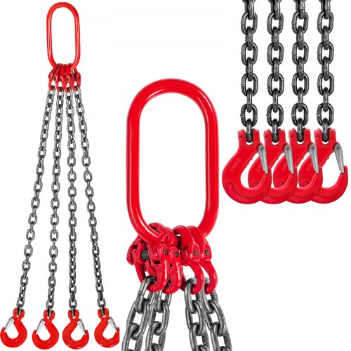 VEVOR Kettingstrop G80 hijsketting, 1 m 4 haken kraanstrop G80 Mn-staal gelegeerd staal 8 mm x 1 m kettinglengte bosbouwketting slijpketting draagvermogen 8800 pond 4 t hoge sterkte kan worden ingekort