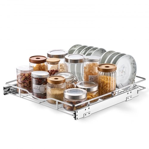 VEVOR Uitschuifbare kastorganizer 500 x 535 mm (B x D) gemaakt van koolstofstaal voor kookgerei, kruidenpotjes, etenswaren en schoonmaakartikelen, verchroomd oppervlak, uittrekbare plank voor onderkasten.