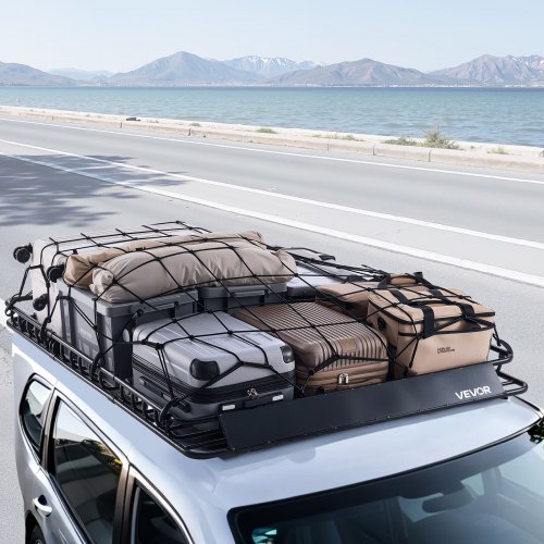 VEVOR dakdragermand 1630 x 1270 x 105 mm met twee bagagenetten van 90 x 100 cm, geschikt voor bagage, sport- en kampeeruitrusting, met 4 U-bouten en afgeschuind voorpaneel, gelegeerd staal, zwart