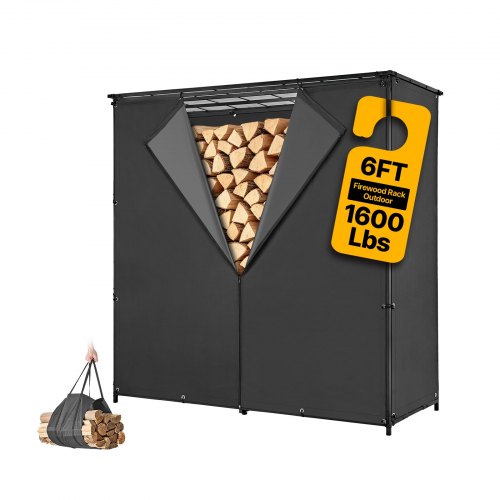 VEVOR Houtrek 3/8 Cord met deksel 1855x715x1850 mm, voor open haard, terras en balkon, gepoedercoat koolstofstalen frame, draagvermogen 730 kg, inhoud 1962 L Zwart