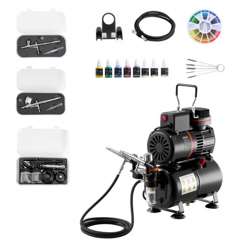 VEVOR Airbrush Set 1/6 HP met compressor en tank, Dual-Action 3 Airbrush pistolen met 3 nozzles (0,3/0,3/0,5 mm) & slang & acrylverf & 2 ventilatoren,