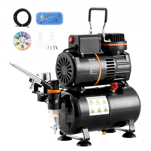 VEVOR airbrushset, luchttankcompressorsysteem met dubbele ventilator en luchtopslagtank van 3,5 liter, airbrushset met airbrush met 0,3 mm punt, beugel, kleurenmengwiel, set schoonmaakborstels, kunstnagelkoekje afbeelding
