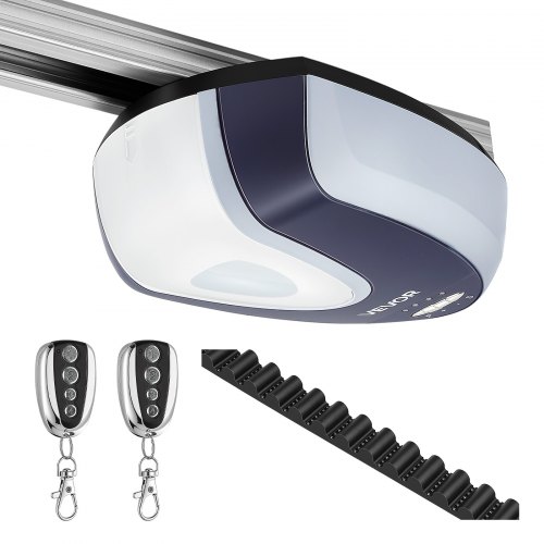 VEVOR Garagedeuropener 600 N, ultrastille riemaandrijving, voor privégarages, 4-delig railsysteem, 2 handzenders en LED-verlichting, bediening met één knop vanuit de auto, zwart-wit