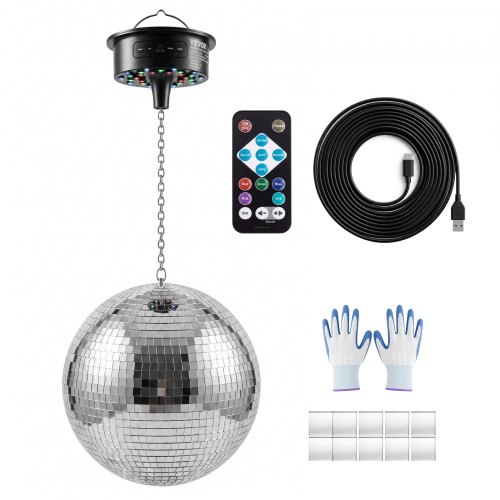 VEVOR Discobal met spiegelende lichteffecten, 300 mm, met motor, afstandsbediening en LED-verlichting, voor feesten, huisdecoratie, podia, DJ's en dansclubs. RGB-verlichting plus 3 gemengde kleuren. 0/3/6/9/12/15 toeren per minuut. Werkt op USB-aansluitin
