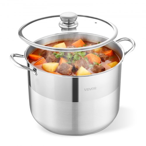 VEVOR roestvrijstalen steelpan 15,1 liter, grote soeppan met glazen deksel, geschikt voor inductiekookplaten, hoogwaardige pastapan, PFOA-vrij, PFAS-v
