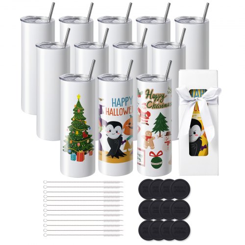 VEVOR 12-pack rechte sublimatiebekers, 20oz blanco bekers, roestvrijstalen dubbelwandige bekers met rietje, deksel, borstel, bodem, krimpfolie, geschenkdoos, voor hittepers en warmteoverdracht afbeelding