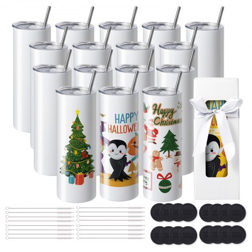VEVOR 16-pack rechte sublimatiebekers, 20oz blanco bekers, roestvrijstalen dubbelwandige bekers met rietje, deksel, borstel, bodem, krimpfolie, geschenkdoos, voor hittepers en warmteoverdracht afbeelding