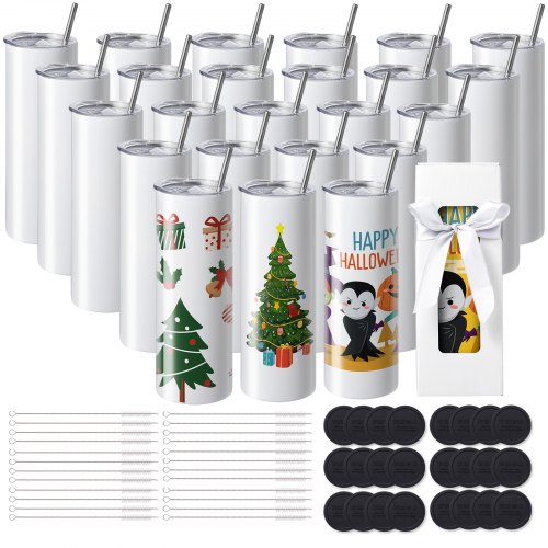 VEVOR 24-pack sublimatiemokken, 20oz blanco mokken, roestvrijstalen dubbelwandige mokken met rietje, deksel, borstel, bodem, krimpfolie, geschenkdoos, voor hittepers en warmteoverdracht afbeelding