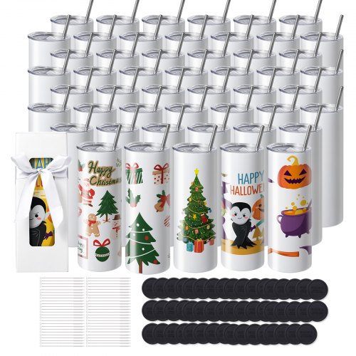 VEVOR 50-pack rechte sublimatiemokken, 20oz blanco mokken, roestvrijstalen dubbelwandige mokken met rietje, deksel, borstel, bodem, krimpfolie, geschenkdoos, voor hittepers en warmteoverdracht afbeelding