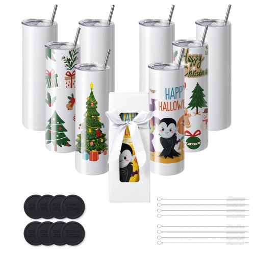VEVOR 8-pack rechte sublimatiemokken, 32oz blanco mokken, roestvrijstalen dubbelwandige mokken met rietje, deksel, borstel, bodem, krimpfolie, geschenkdoos, voor hittepers en warmteoverdracht afbeelding