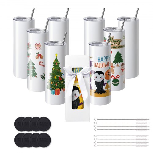 VEVOR 8-pack rechte sublimatiebekers, 20oz blanco bekers, roestvrijstalen dubbelwandige bekers met rietje, deksel, borstel, bodem, krimpfolie, geschenkdoos, voor hittepers en warmteoverdracht afbeelding