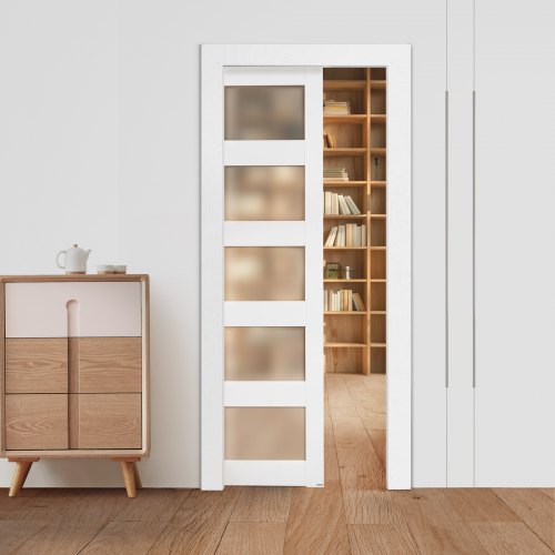 VEVOR Schuifdeur (915 x 2035 mm) 5-delige gematteerde glazen enkele schuifdeur met bevestigingsmateriaal, massief houten en MDF schuifdeurpaneel met w