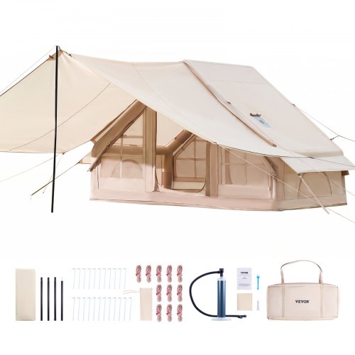 VEVOR Opblaasbare kampeertent 3x2x2 m, 3-5 personen, 300D Oxford 4-seizoenen glampingtent met luifel, handpomp, kachelaansluiting, 2 deuren en 2 gaasr