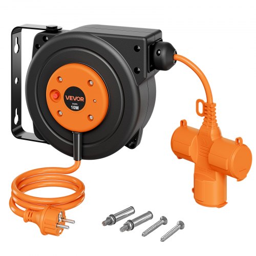 VEVOR Kabelhaspel 10 m 3000 W Automatische Kabeloproller 16 AWG/3-aderig, voor plafond-/wandmontage, 3 stopcontacten, oververhittingsbeveiliging tot 56 °C, verlicht drievoudig stopcontact, met 180° draaibare beugel
