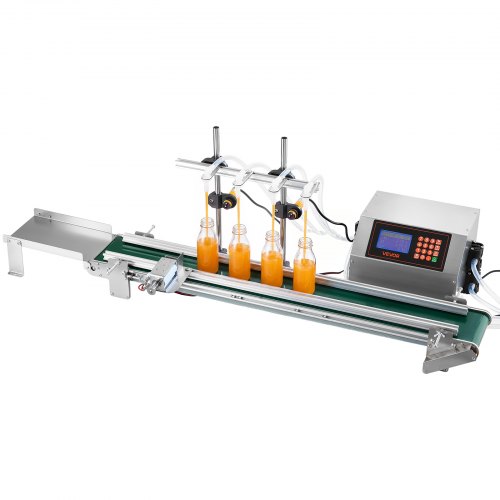 VEVOR Automatische vulmachine voor vloeistoffen van 10-500 g met transportband, vulsysteem voor dranken, cosmetica, olie en chemicaliën, roestvrijstalen behuizing, digitale weegschaal, in hoogte verstelbaar, met 4 sproeiers en sensor.
