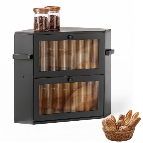 VEVOR Hoekbrooddoos, 2 lagen, acrylvenster, 35x35x42 cm, bamboehout, zwart. Ideaal voor bagels, muffins en zelfgebakken brood, met magnetische sluitin