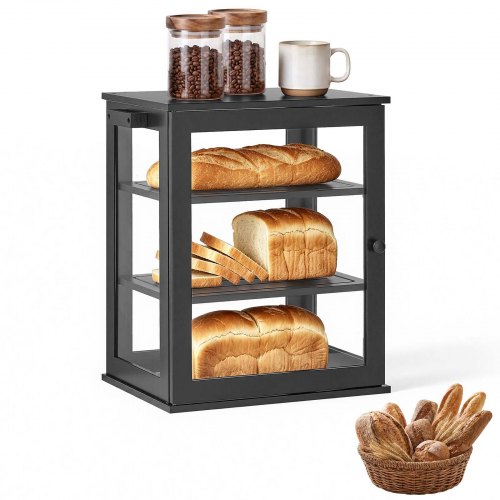 VEVOR Brooddoos met 3 niveaus 330 x 251 x 410 mm Brooddoos van bamboehout, zwart. Ideaal voor bagels en muffins, met magnetische sluiting, zijhaken, a