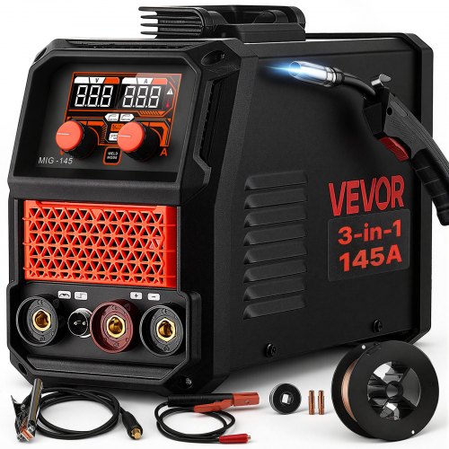 VEVOR 145A MIG-lasapparaat 3-in-1 Lift-TIG/Gasloos gevuld draad/MMA-lassen, draagbaar lasapparaat voor werkplaats, garage, doe-het-zelf, IGBT-inverter