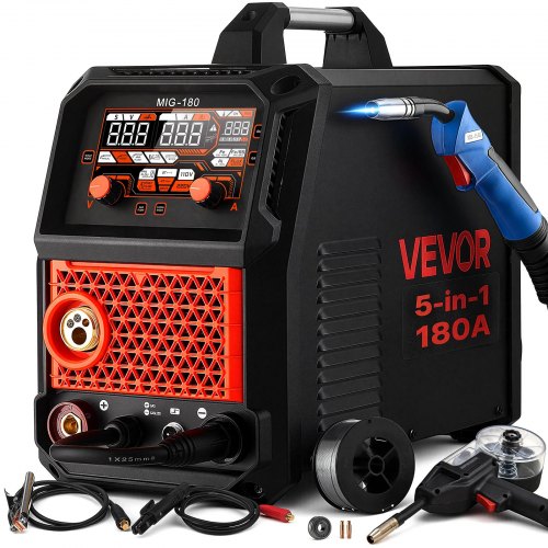 VEVOR 150A MIG-lasapparaat 5-in-1 Aluminium MIG/MIG-gas/Vloeibaar draad/MMA/Lift TIG, draagbaar lasapparaat voor werkplaats, garage en doe-het-zelf, I