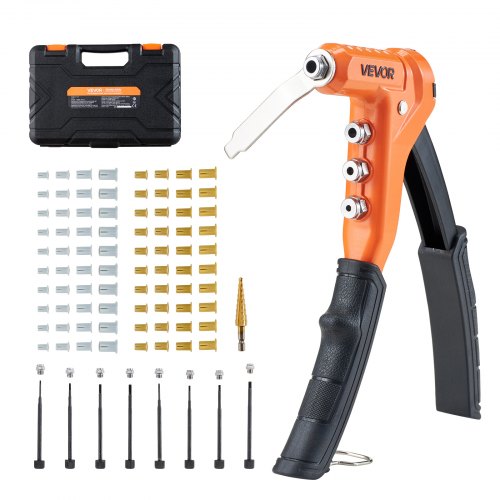 VEVOR Klinknageltangenset 23 cm, klinknageltang voor bediening met één hand, inclusief 8 doornen, 1-trapsboor en 80 moeren in metrische en SAE-maten M3, M4, M5, M6, 6-32, 8-32, 10-24, 1/4-20 UNC, inclusief draagtas.