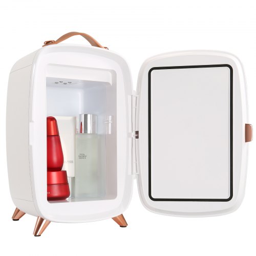 VEVOR 6L draagbare gespiegelde schoonheidskoelkast met LED-verlichting, witte 9V DC make-up minikoelkast, 8 blikken 3 LED-spiegellichtmodus, kleine huidverzorgingskoelkast voor kantoor, slaapkamer, enz. afbeelding
