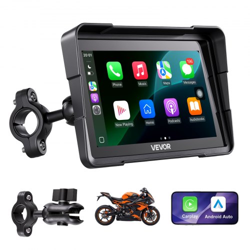 VEVOR Motorfiets Navigatiesysteem met 7-inch display en Apple CarPlay Android Auto, zwart, voor straatmotoren, cruisers, tourmotoren en ATV's, met dubbele Bluetooth, IP67 waterdichtheid en montagebeugel.
