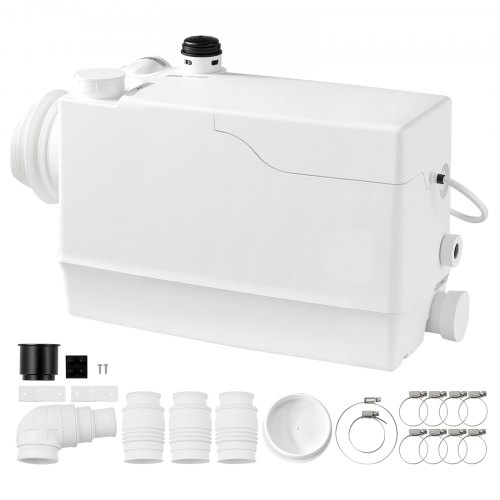 VEVOR rioolwaterpompstation 800 W 12000 l/u 10 m opvoerhoogte met 4 inlaten, wit. Geschikt voor kelders, toiletten, wastafels, wasruimtes en keukens.