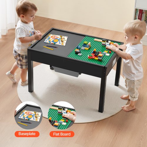VEVOR Kindertafel 810 x 553 x 502 mm, Houten Activiteitentafel, Dubbelzijdig Bouwstenen Tafelblad, Multifunctionele Speeltafel met 2 Opbergbakken, Cadeau voor Kinderen vanaf 3 Jaar, Zwart