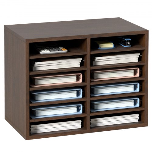 VEVOR brievenbak 12-vaks organizer van MDF, documentenbak vintage bruin 520 x 305 x 410 mm, opbergvakken desktop dossierhouder documentopslag, documenthouder thuis, op kantoor, in de klas, etc. afbeelding