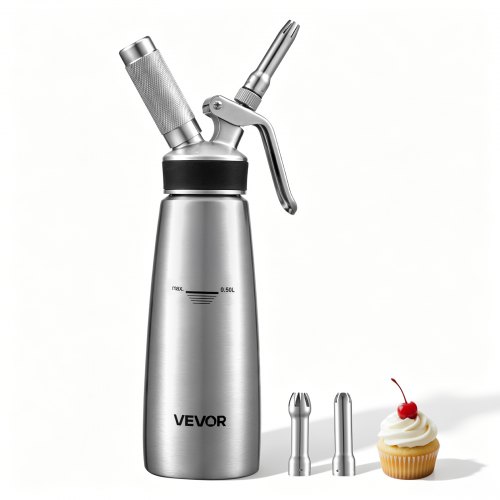 VEVOR Slagroomdispenser Set 0,5 L Roestvrijstalen Slagroommaker met 3 Decoratiemondstukken, voor Hobbybakkers en Cafés, Alleen voor N₂O-capsules (apar
