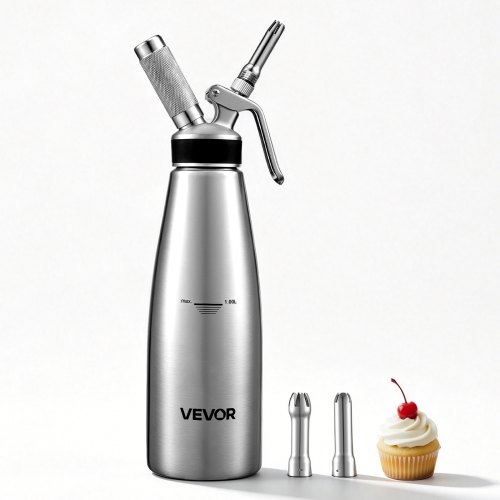 VEVOR Slagroomdispenser Set 1 L Roestvrijstalen Slagroommaker met 3 Decoratiemondstukken, voor Hobbybakkers en Cafés, Alleen voor N₂O-capsules (apart
