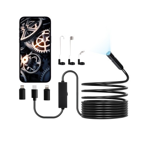 VEVOR Endoscoopcamera met licht, 1920P HD Endoscoop voor Android en iOS, Inspectiecamera met 8 LED-lampjes en 5 m lange kabel, 2x zoom, Waterdichte IP67 Rioolcamera voor auto en loodgieterswerk