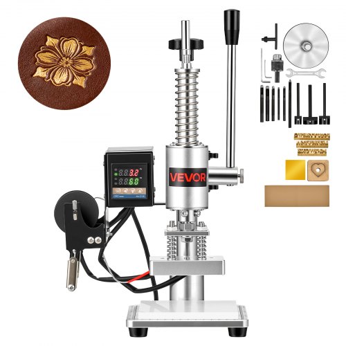 VEVOR Verwarmde Lederstempelmachine 10x10 cm Lederdrukmachine 160 kg Druk, voor Warmstempelen & Stansen 40 mm Slag Spantangbevestiging met Temperatuurregelaar 26 Koperen Letterstempels 50 Warmstempelfolies