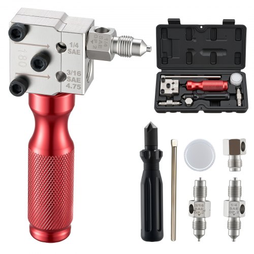 VEVOR 6-delige remleidingflensset, 45° flensgereedschap voor enkel- en dubbelflensen, pijpexpander met 2 vormmatrijzen voor buitendiameters van 4,75 mm en 6,35 mm, remleidingreparatieset voor voertuigen