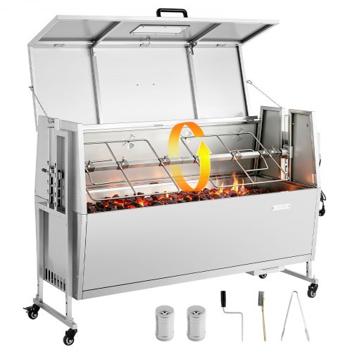 VEVOR Rotisserie Grill 38 W Speenvarken Grill Lam Grill Houtskool Grill (132 cm Grilllengte) met 60 kg draagvermogen & wielen & 4-voudige hoogteverste