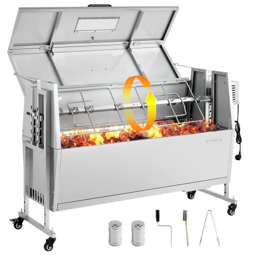 VEVOR Lamsgrill 38 W 60 Kg 1168,4 mm Draaispit Grill voor Speenvarkens, Roestvrij Staal, voor Tuin en Terras, 4 Hoogte-Instellingen, Vergrendelbare Wielen, Inclusief Grilltang, Opklapbare Dekselbeschermer, Borstel en Kruidenbakje