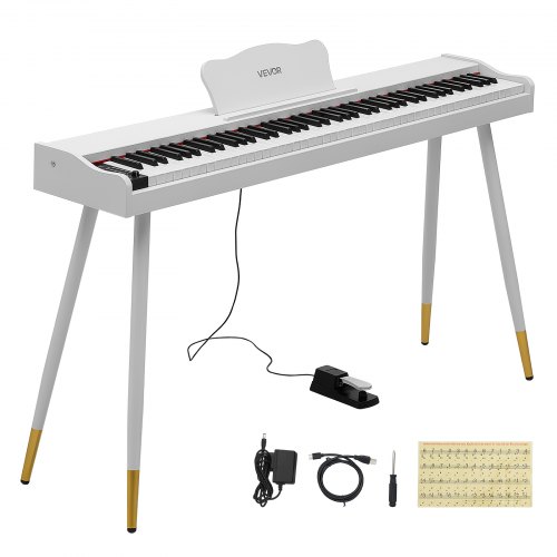 VEVOR Digitale Piano met 88 semi-gewogen toetsen van standaardformaat, wit, geschikt voor beginners, 600 geluiden, 600 ritmes, USB, MIDI, audio-uitgang, hoofdtelefoonaansluiting, sustainpedaal en hifi-luidsprekers.