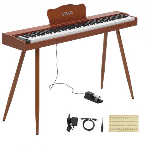 VEVOR Digitale Piano met 88 semi-gewogen toetsen van standaardformaat, bruin, voor beginners, 600 geluiden, 600 ritmes, USB, MIDI, audio-uitgang, hoofdtelefoonaansluiting, sustainpedaal en hifi-luidsprekers.