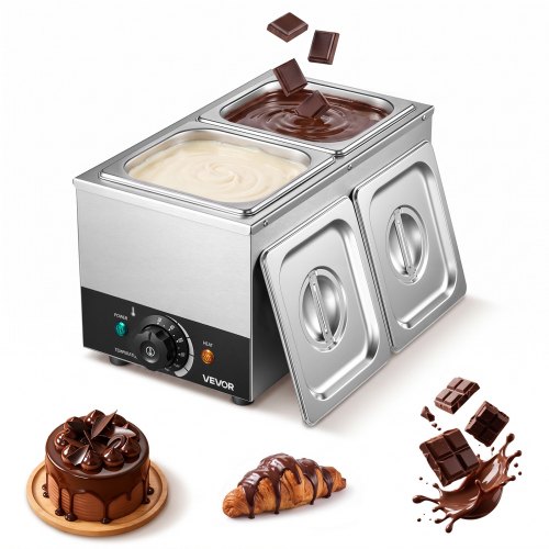 VEVOR Chocoladesmeltmachine met 2 verwijderbare roestvrijstalen containers, 800 W, voor bakkerijen, patisserieën en restaurants, met temperatuurregeling 30–85 ℃, droogloopbeveiliging, chocoladetempermachine